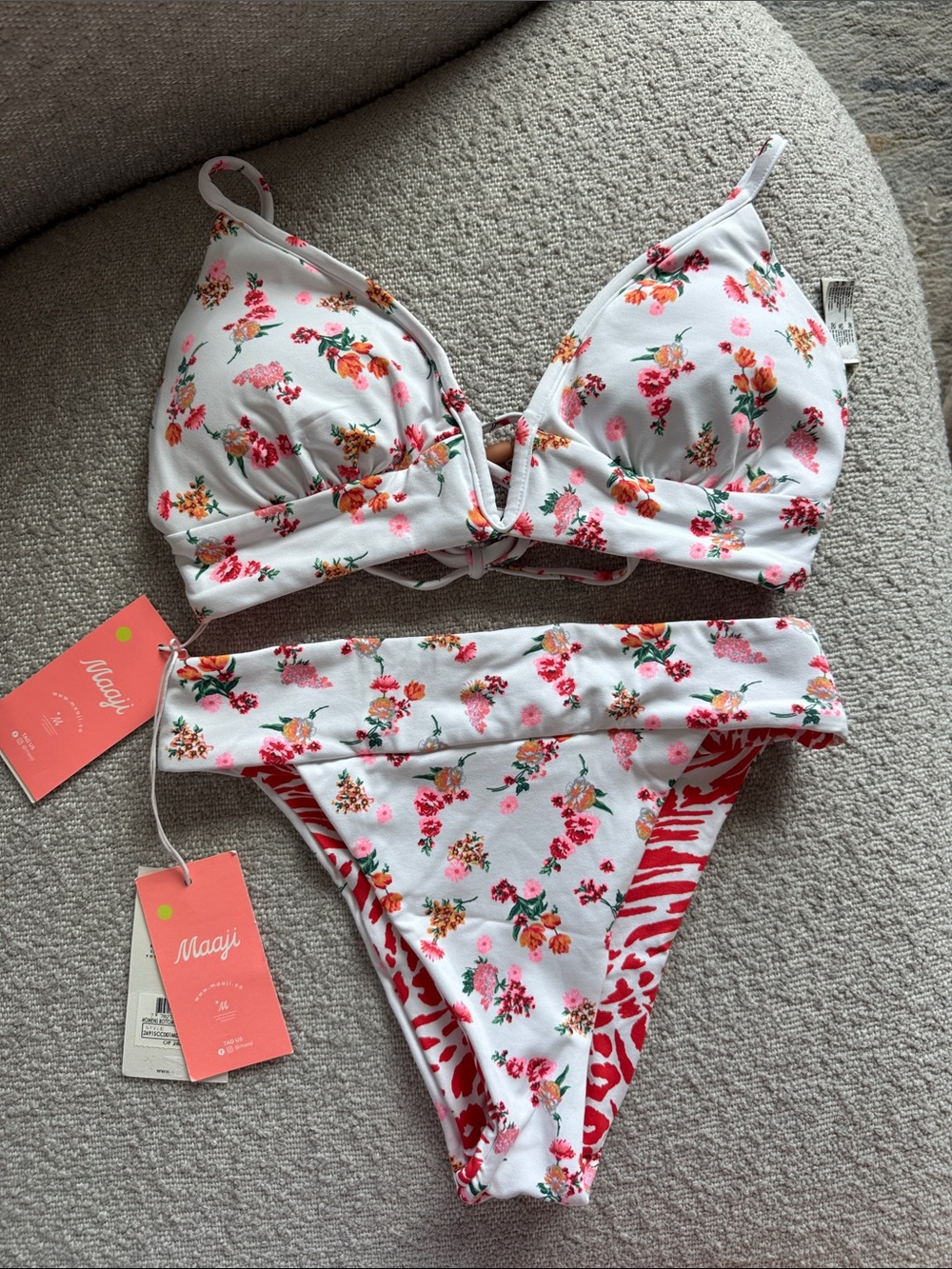 Maaji White Floral Bandeau Bikini Set with Pink & Coral Accents